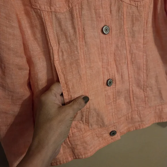 JONES & CO. Coral Peach 100% Linen Button Front Lagenlook Beachy Shacket Size L - Picture 5 of 12